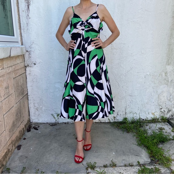Sharon Max Black White Green Abstract Pint Tie Front Knot Tank Sleeveless Dress! - Picture 6 of 7